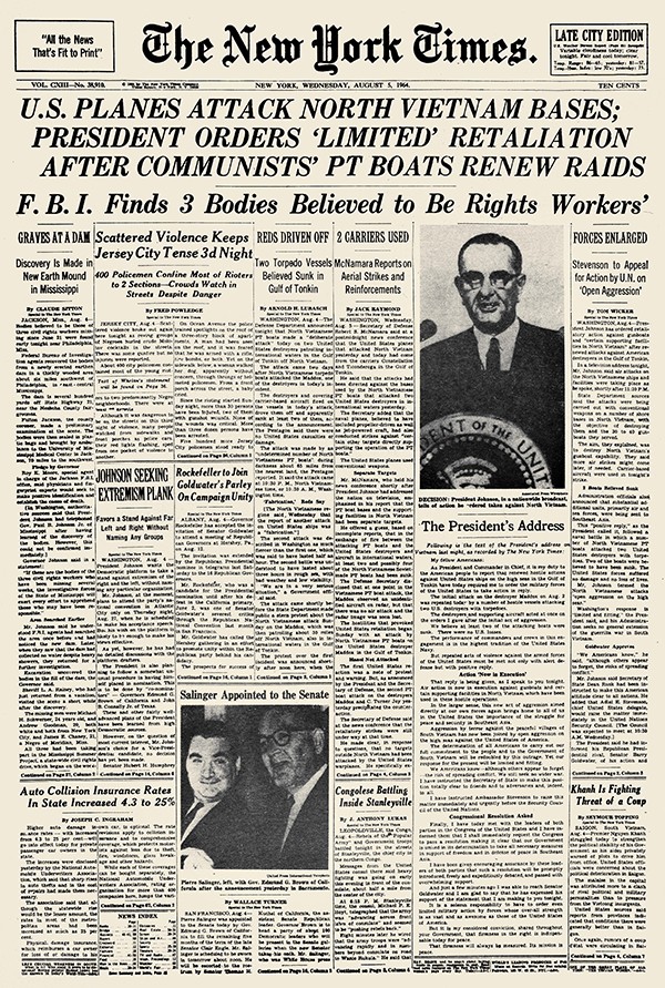 1964年8月5日，《纽约时报》头版报道了美国与北越之间发生的冲突