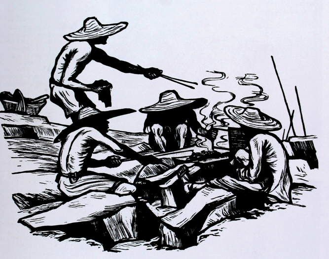 《采石工》（1947，木刻版画，15.9厘米×21.4厘米，中国美术馆藏）