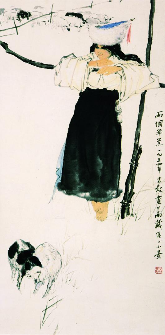《两个羊羔》（1954，中国画，纸本水墨，79厘米×39.1厘米，中国美术馆藏）