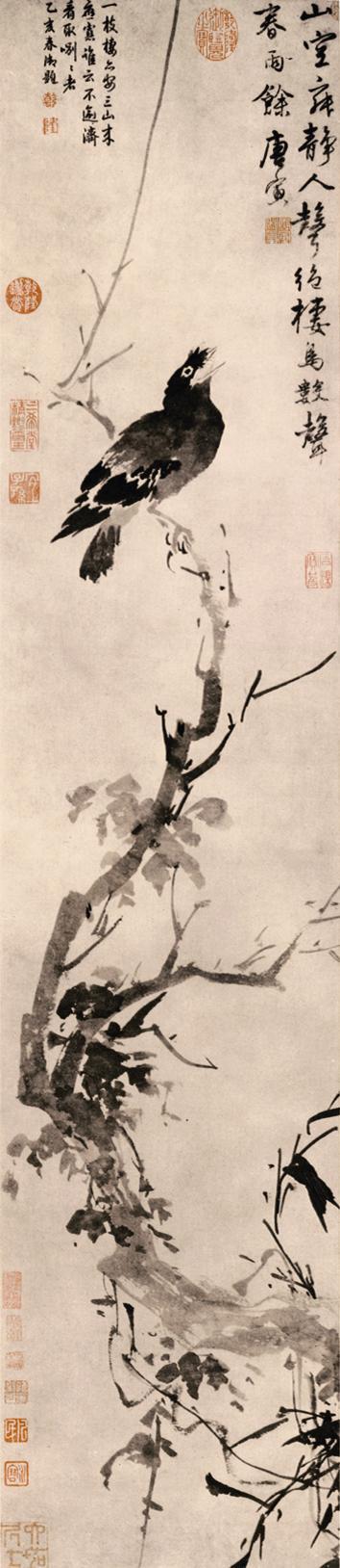 《古槎鸜鹆图》（纸本，水墨，纵121厘米，横26.7厘米，上海博物馆藏）